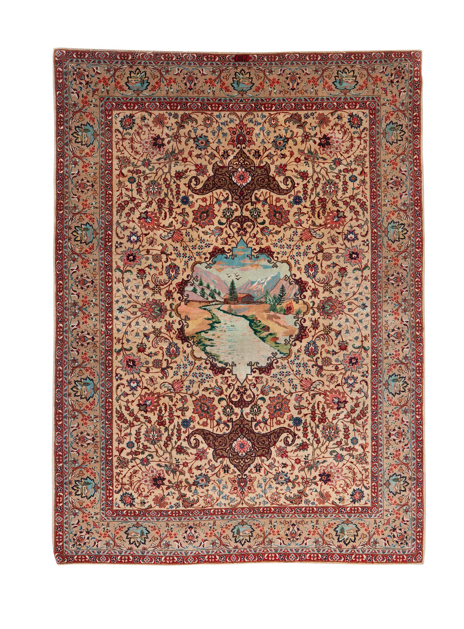 A carpet, semi-antique Tabriz, figural, signed, ca 234 x 170 cm.