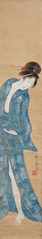 A Hanging Scroll, ink and color on paper. A beuty in blue, follower of Kitagawa Utamaro.