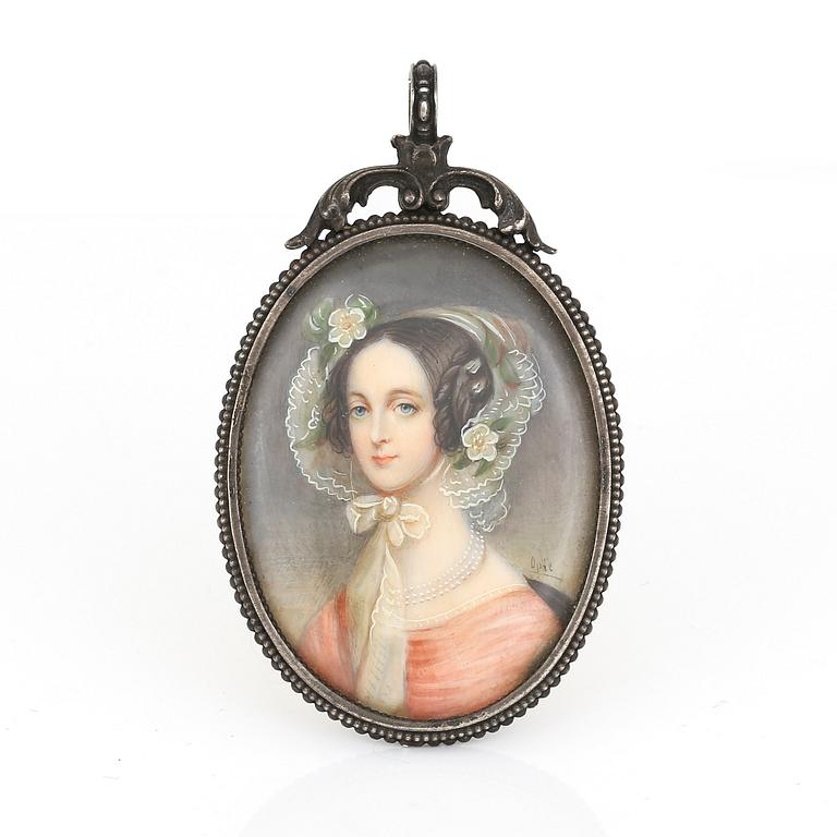 HÄNGE, miniatyr, gouache på ben, signerad Opie, ram i låghaltigt silver.