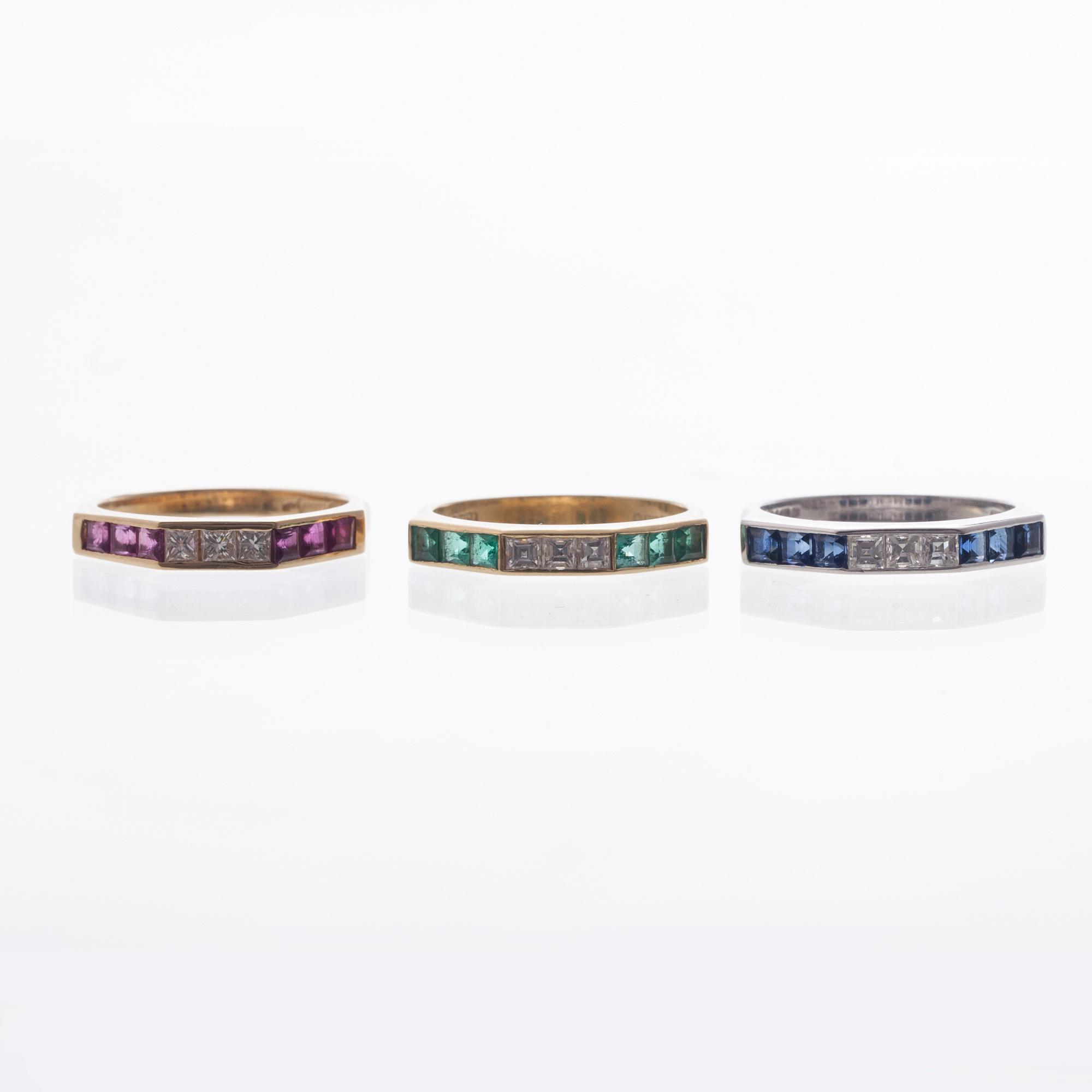 RINGAR, 3 st, 18K vitt- och gult guld, diamanter, rubiner, safirer, smaragder. Vikt totalt ca 10,2 g.