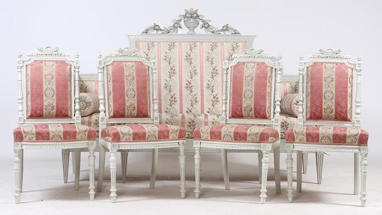 SOFFA samt STOLAR, 4 st, Louis XVI-stil, 1800-tal.