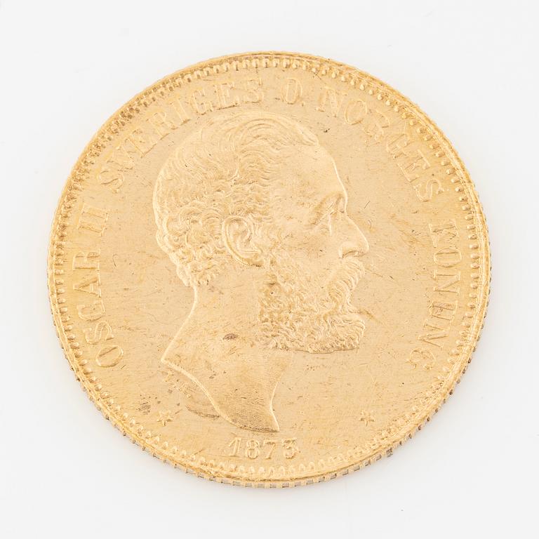 Gold coin, Oscar II, 20 kronor, type I, Sweden 1873.
