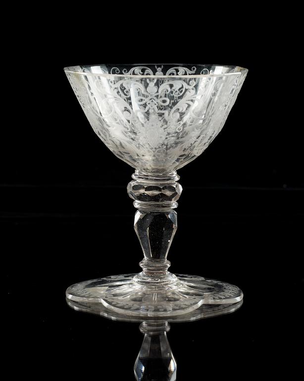 A Silesian engraved armorial sweet meat goblet, 1740's.