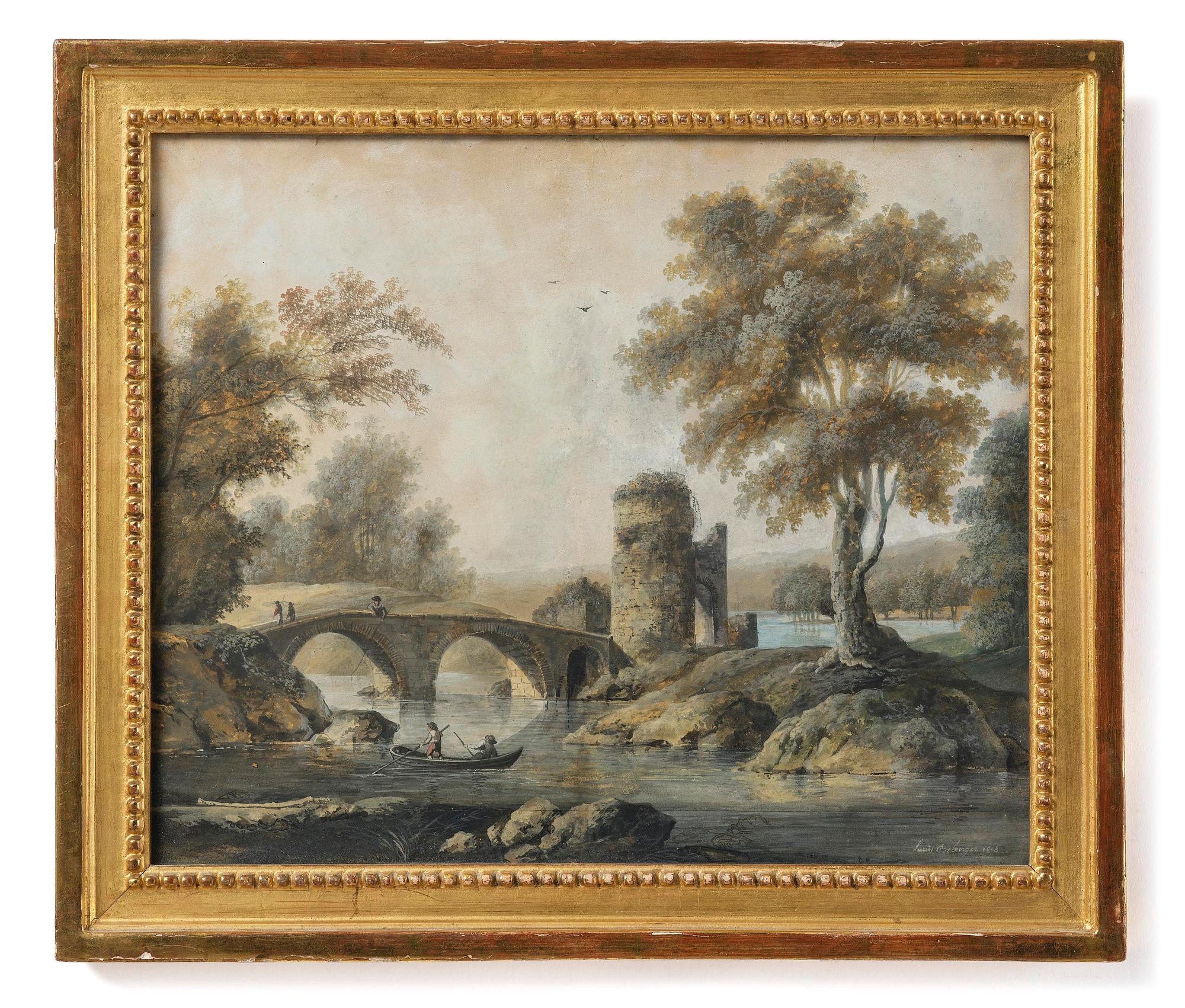 Louis Belanger, Translation: "French landscape with figures by a river".