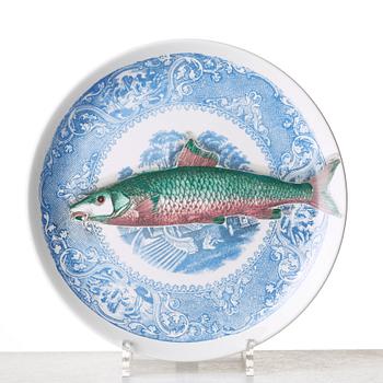Piero Fornasetti, a set of six "Piscibus" porcelain plates, Milano, Italy.