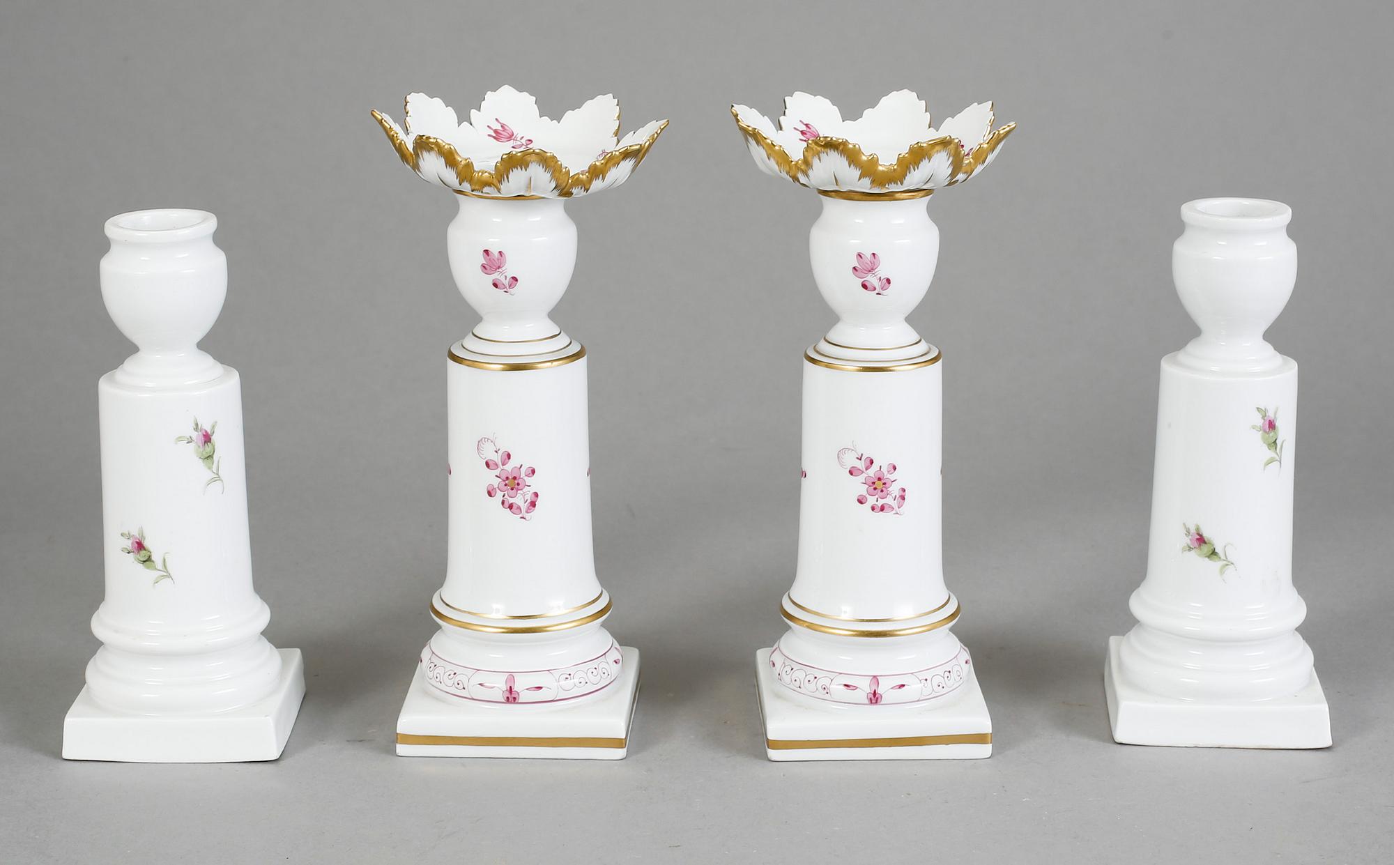 LJUSSTAKAR, två par varav ett par med ljusmanschetter. Meissen, 1900-tal.