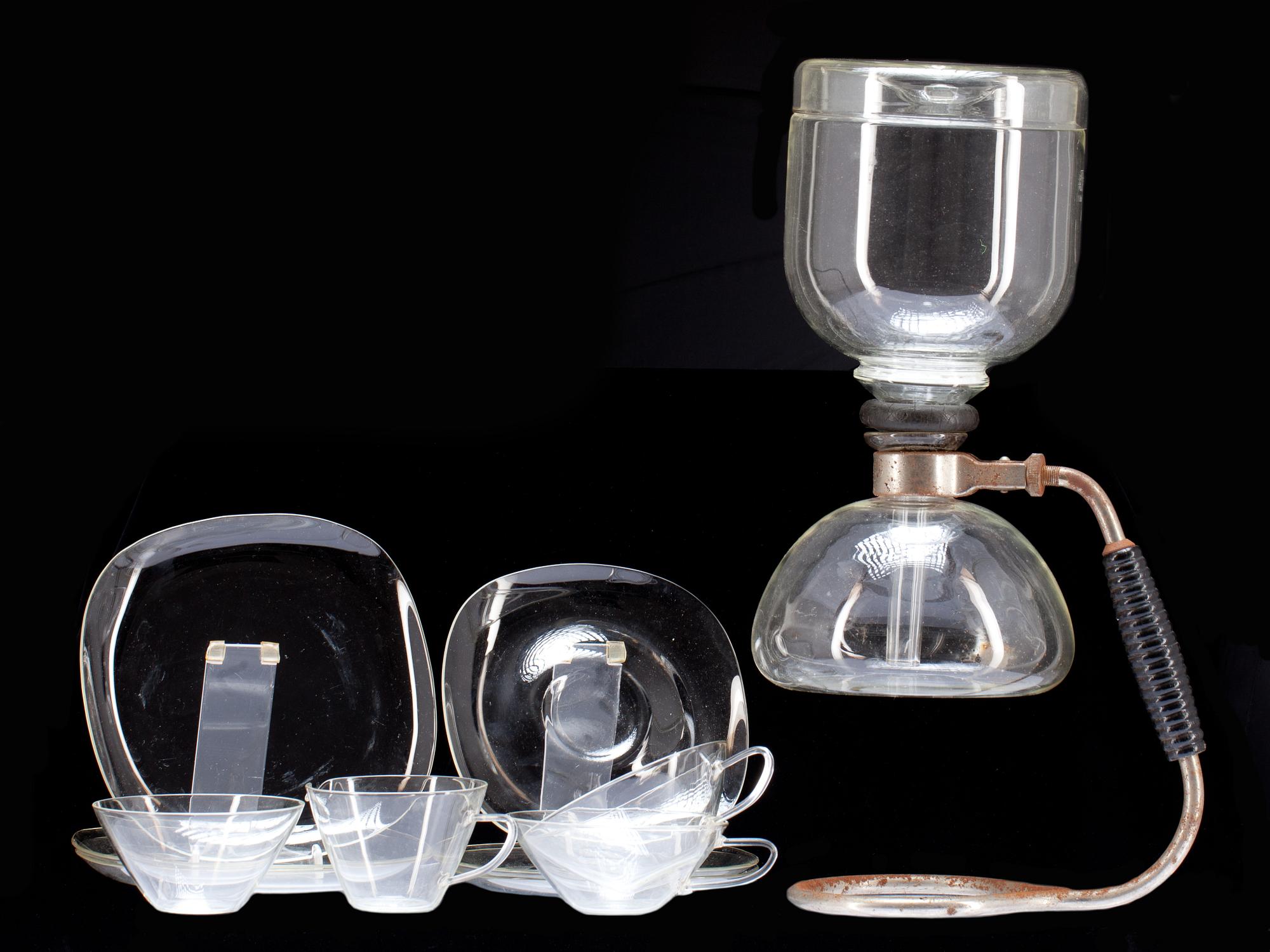 PERKULATORBRYGGARE MED KAFFESERVIS. 7+1 delar. "JENAer  Glaswerke". Tyskland, 1920-tal.
