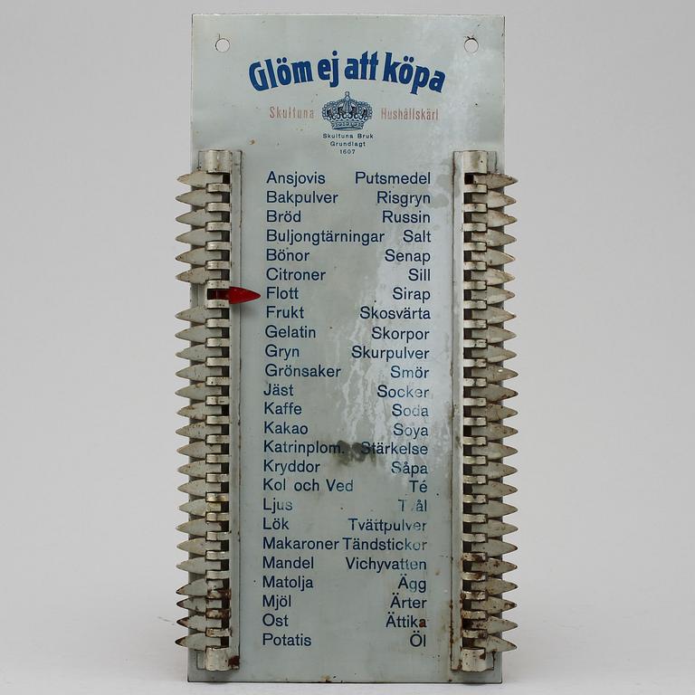 INKÖPSTAVLA TILL HUSHÅLLET, Skultuna Bruk, 1930-tal.