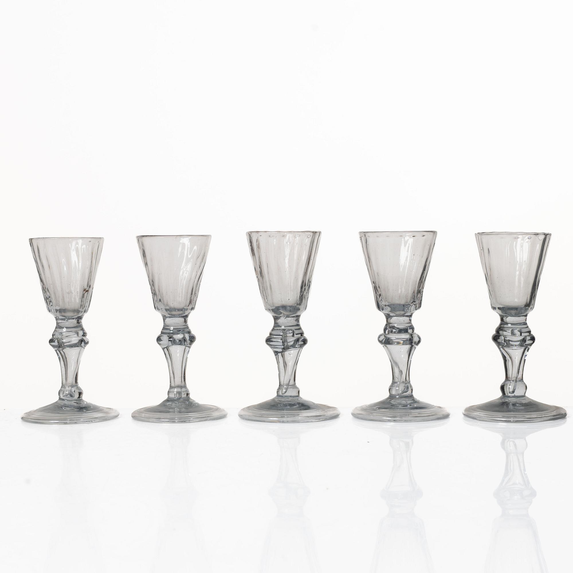 A set of five fluted glasses, 19th century.