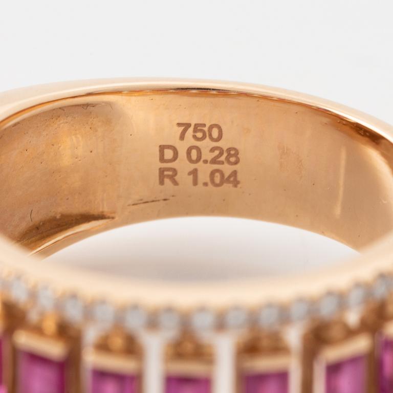 Step cut ruby and brilliant cut diamond ring.