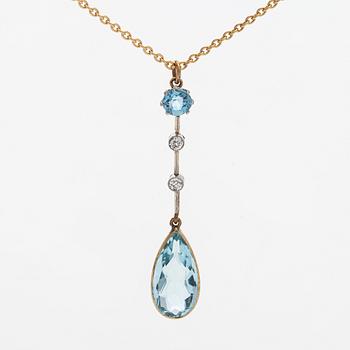 Pendant and chain, pear cut aquamarine, old cut diamonds, 14K gold.