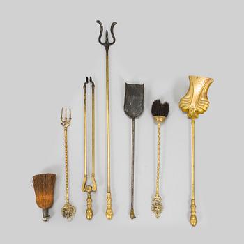 A brass fire set, 20th century.