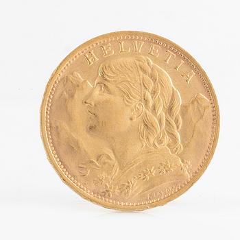 A Swiss gold coin, 20 Franc, 1935 LB.