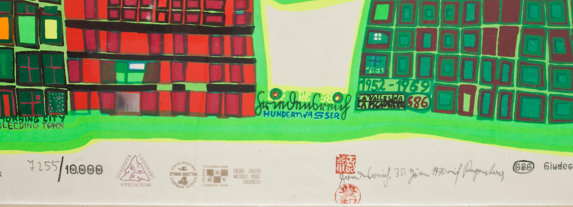 FRIEDENSREICH HUNDERTWASSER, färglitografi med metallpräglning, signerad och numrerad 7255/10000, daterad 1970.