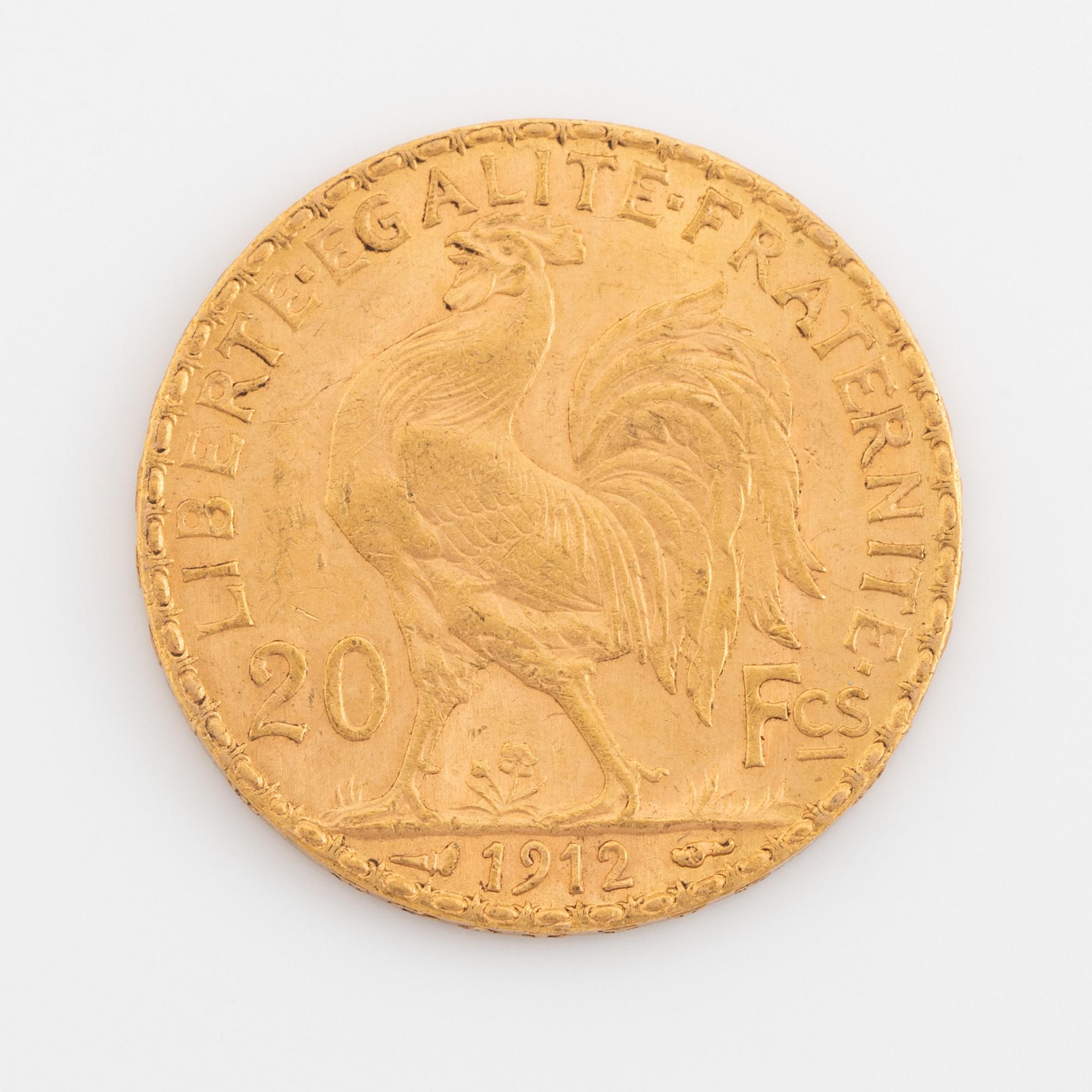 A French gold coin, 20 Francs, 1912.