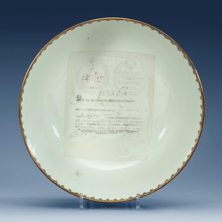 A grisaille punch bowl with a Swedish Bank note, Qing dynasty, Qianlong dated 1762.