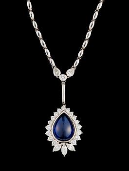 634. A gold, blue sapphire and diamond necklace.