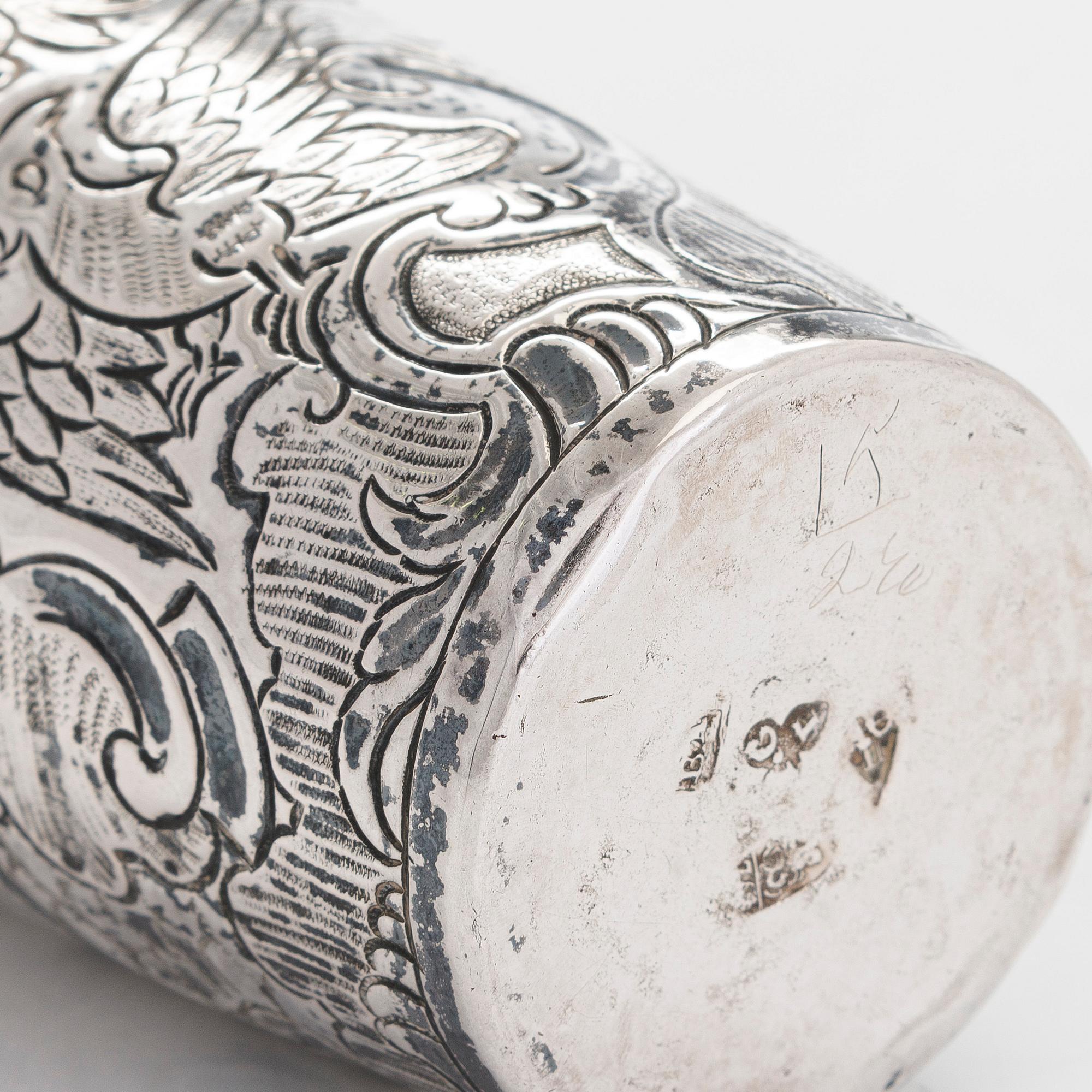 An 18th-century Russian silver beaker, Moscow 1764. Unidentified master. Alderman Fedor Petrov.