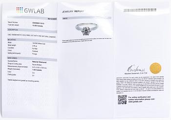 Ring, 14K vitguld med en briljantslipad diamant ca 1.02 ct enligt intyg.