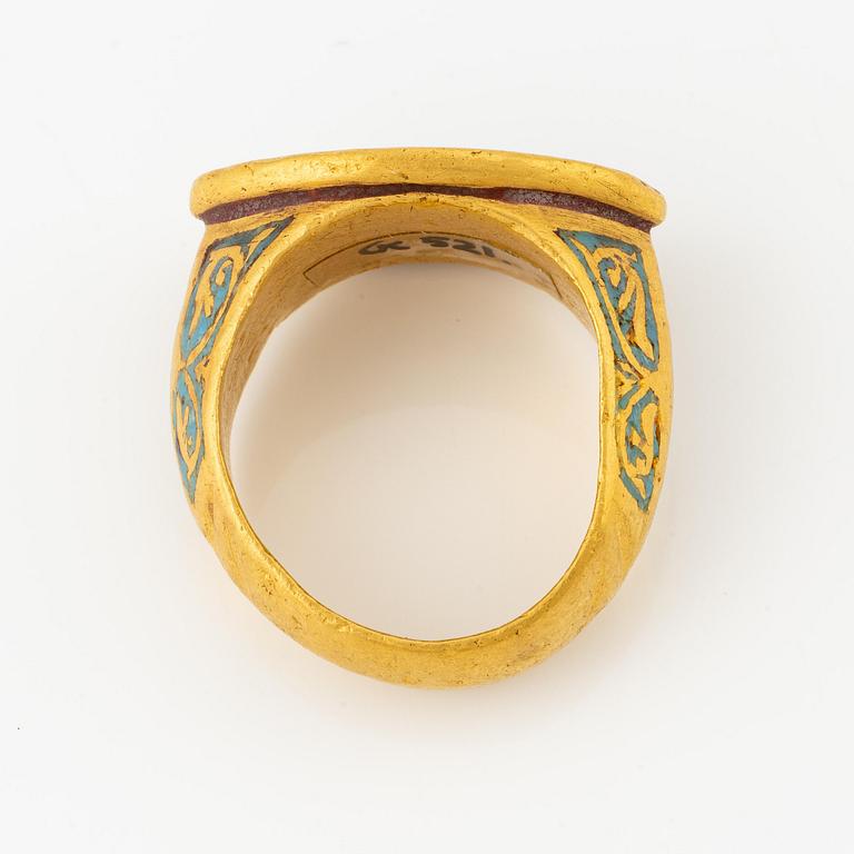 A modern Byzantine-style gold and enamel signet ring.