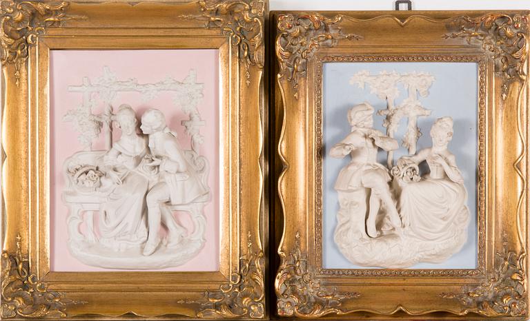 Two bisque porcelain reliefs / wall plaques, Alt Meissen Art, Dresden, 1930s.