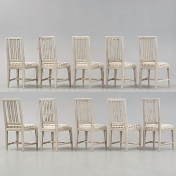 Ten Gustavian late 18th century chairs.