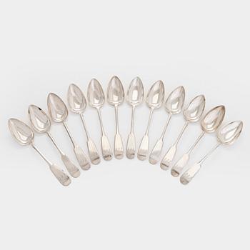 Johan Edvard Fagerroos, matskedar, 12 st, och Hjalmar Fagerroos, matgafflar 12 st, Helsingfors 1868 och 1916.