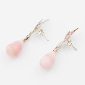 Mandelstam hummingbird earrings in silver and 18K gold, enamel and pink opal.
