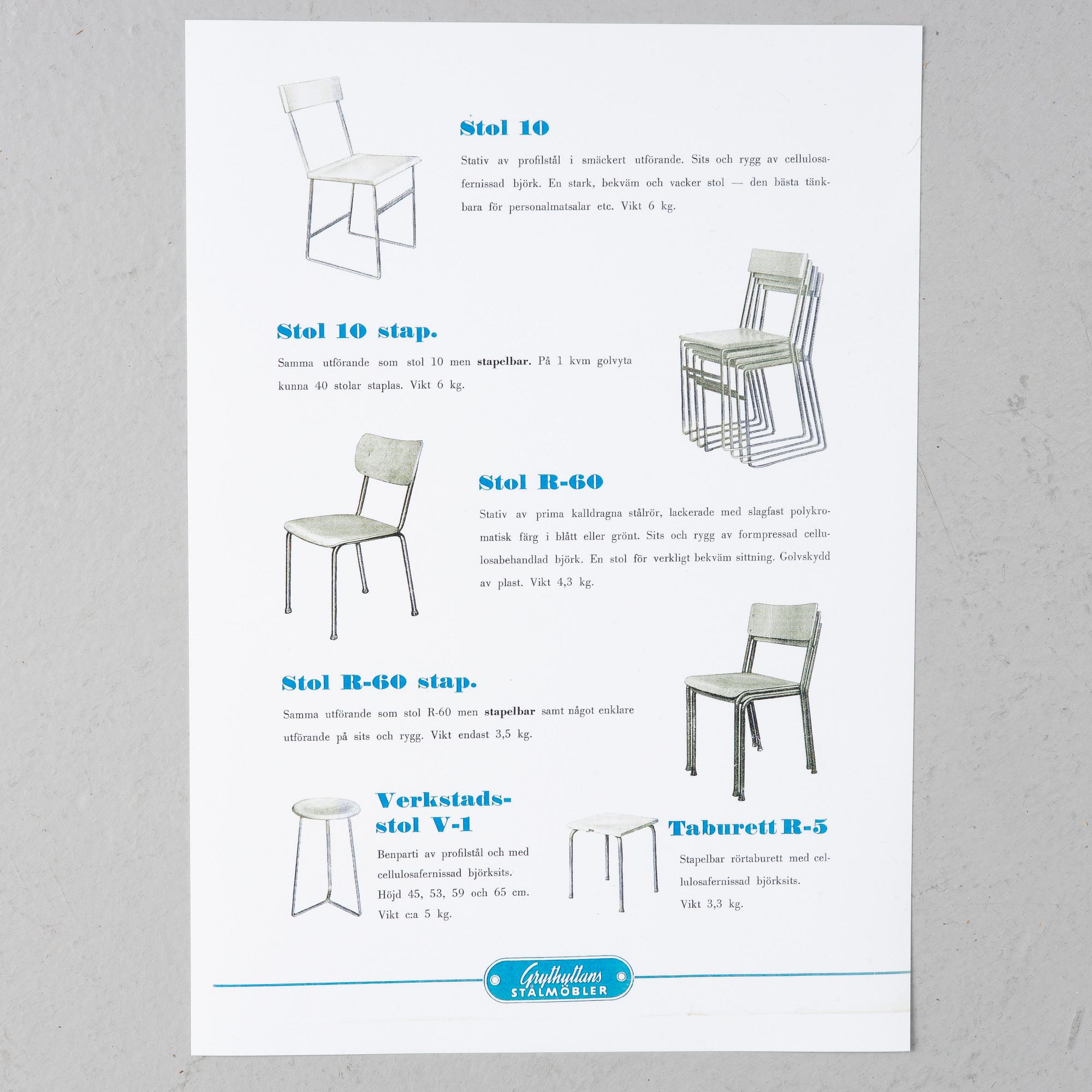 Six 'Chair 10', mid-20th century. Grythyttan's steel furniture. First half of the 20th century.