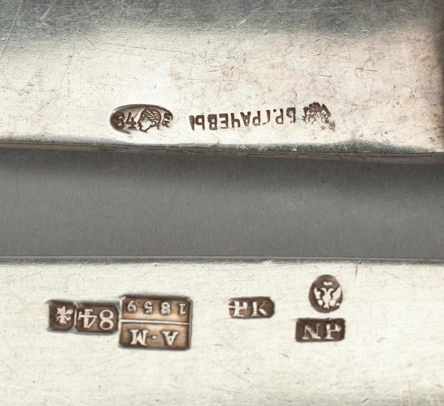 BESTICK, 12 st, silver, ryska och finska stämplar. Sekelskiftet 1800-1900-tal. Vikt. tot. ca 649 g.