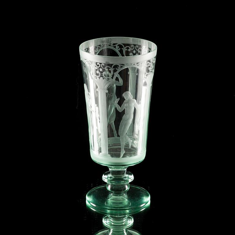 SKÅL, glas, Riihimäen Lasi, gravering möjligen Teodor Käppi, 1930-tal.