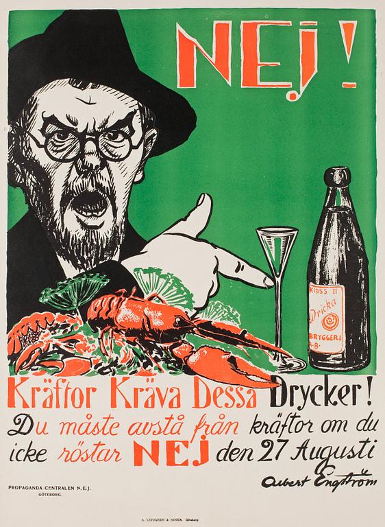 ALBERT ENGSTRÖM, färglitografisk affisch, 1922, tryckt av A. Lindgren & Söner, utgiven av Propaganda Centralen N.E.J.