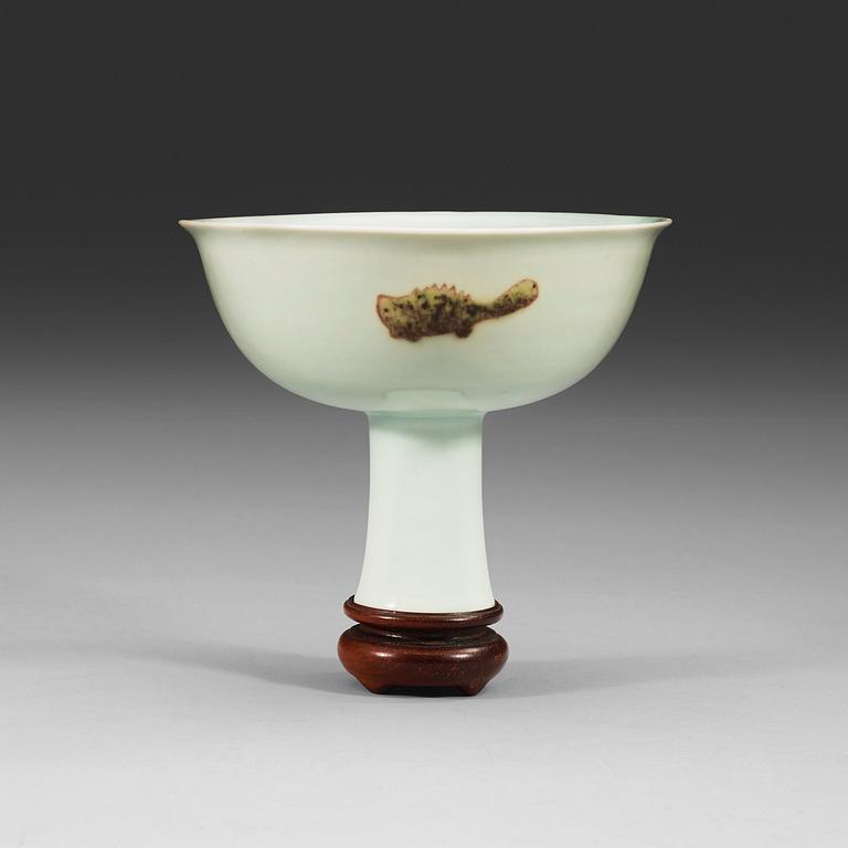 A 'Three fish' stem cup, Qing Dynasty with Xuandes six character mark.