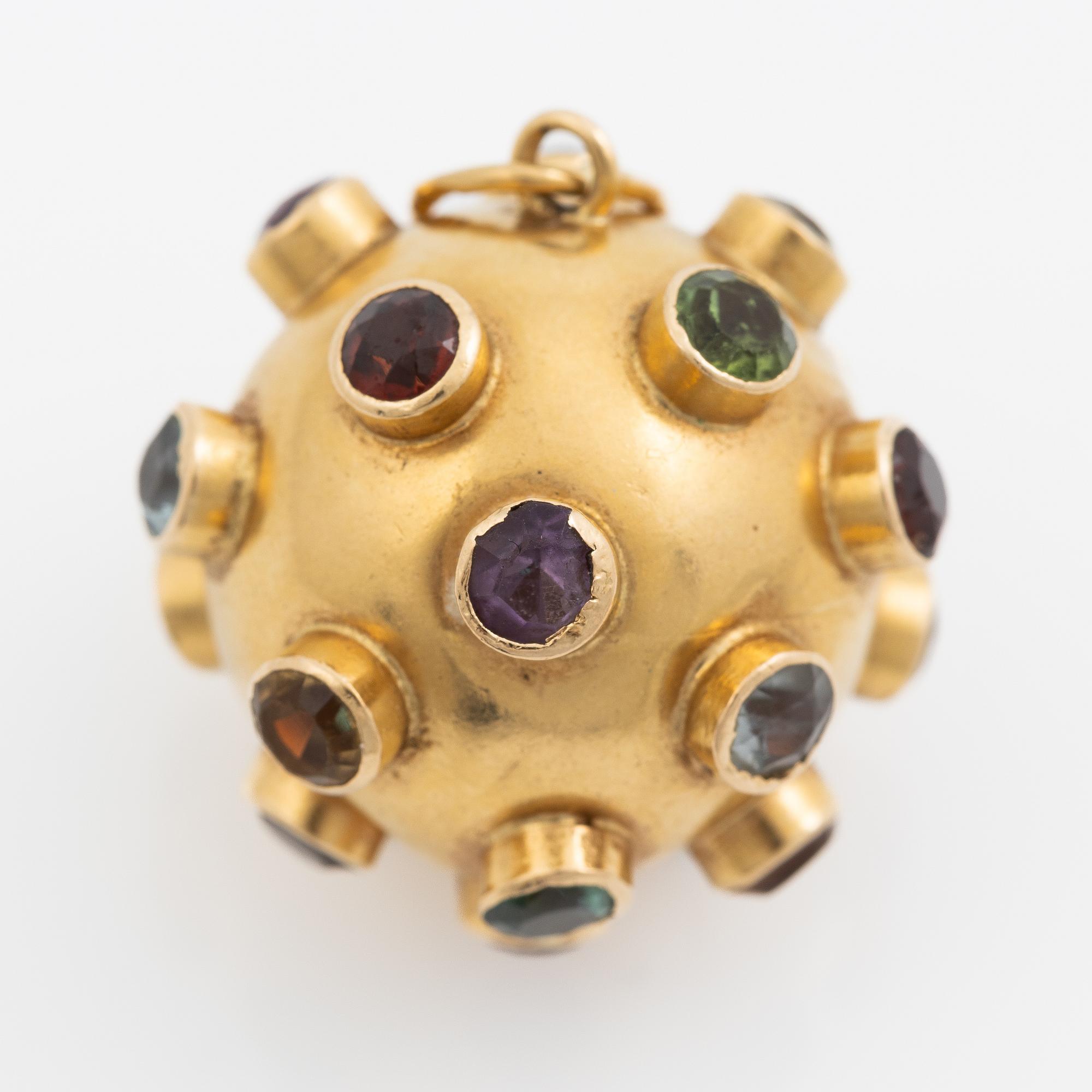 Pendant, "sputnik", 18K gold with coloured stones.