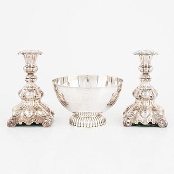 A pair of silver candlesticks and a bowl, including GAB, Stockholm 1933.