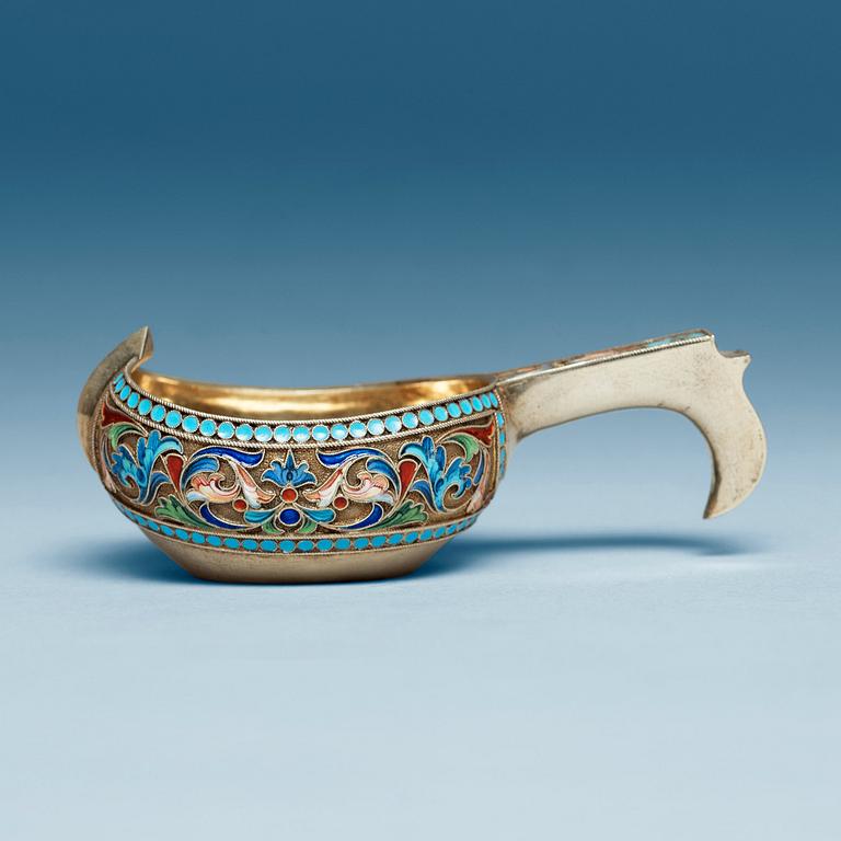 A Russian early 20th century silver-gilt and enamel, makers mark of Pavel Ovchinnikov, Moscow 1899-1908.