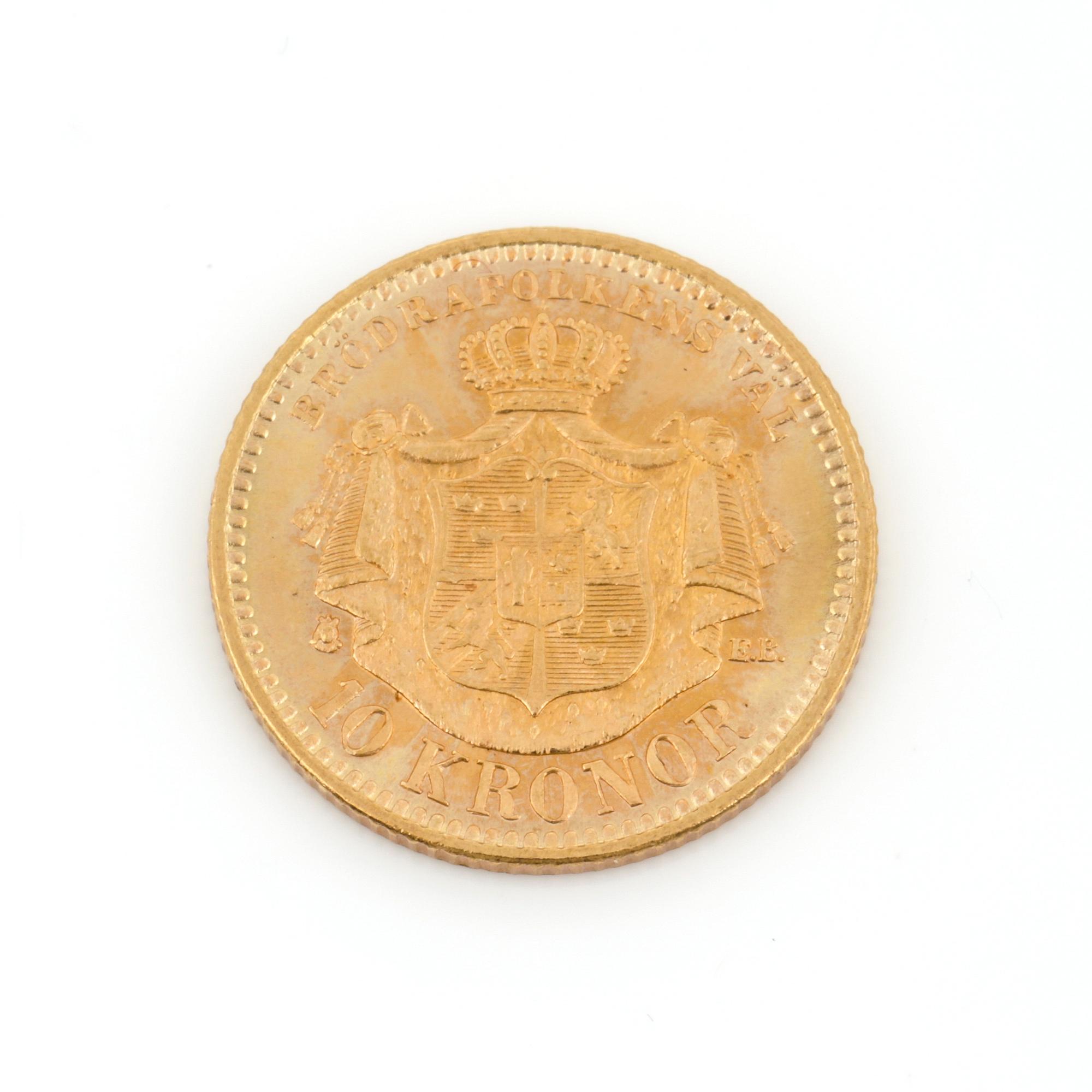 GULDMYNT, 10 kronor, Oscar II, Sverige och Norge 1901. Vikt ca 4,5 g.