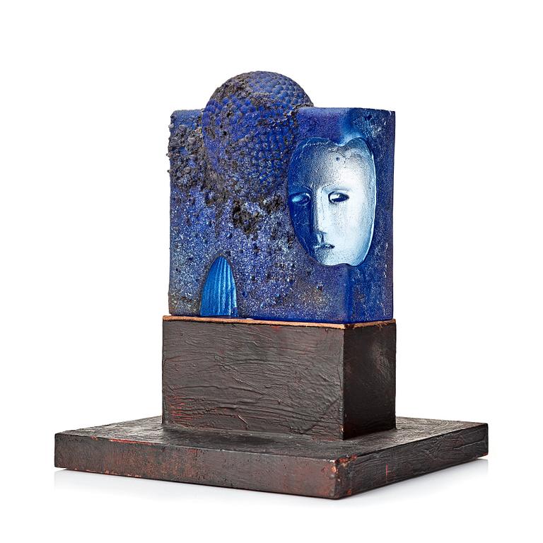 Bertil Vallien, a unique sand cast blue glass sculpture, Kosa Boda, Sweden.