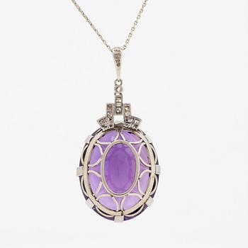 A circa 36.50 ct amethyst and single cut diamond pendant and chain. Total carat weight of diamonds circa 0.20ct.