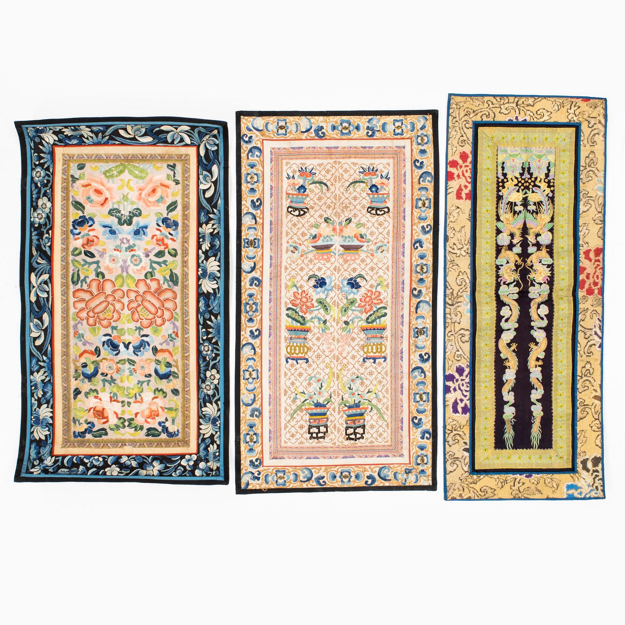 Sidenpaneler, 6 st, Kina, sen Qingdynasti/omkring 1900.