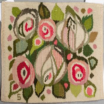 Barbro Sprinchorn, a textile, "Rosorna", a tapestry variant, ca 24,5 x 25,5 cm, signed S.