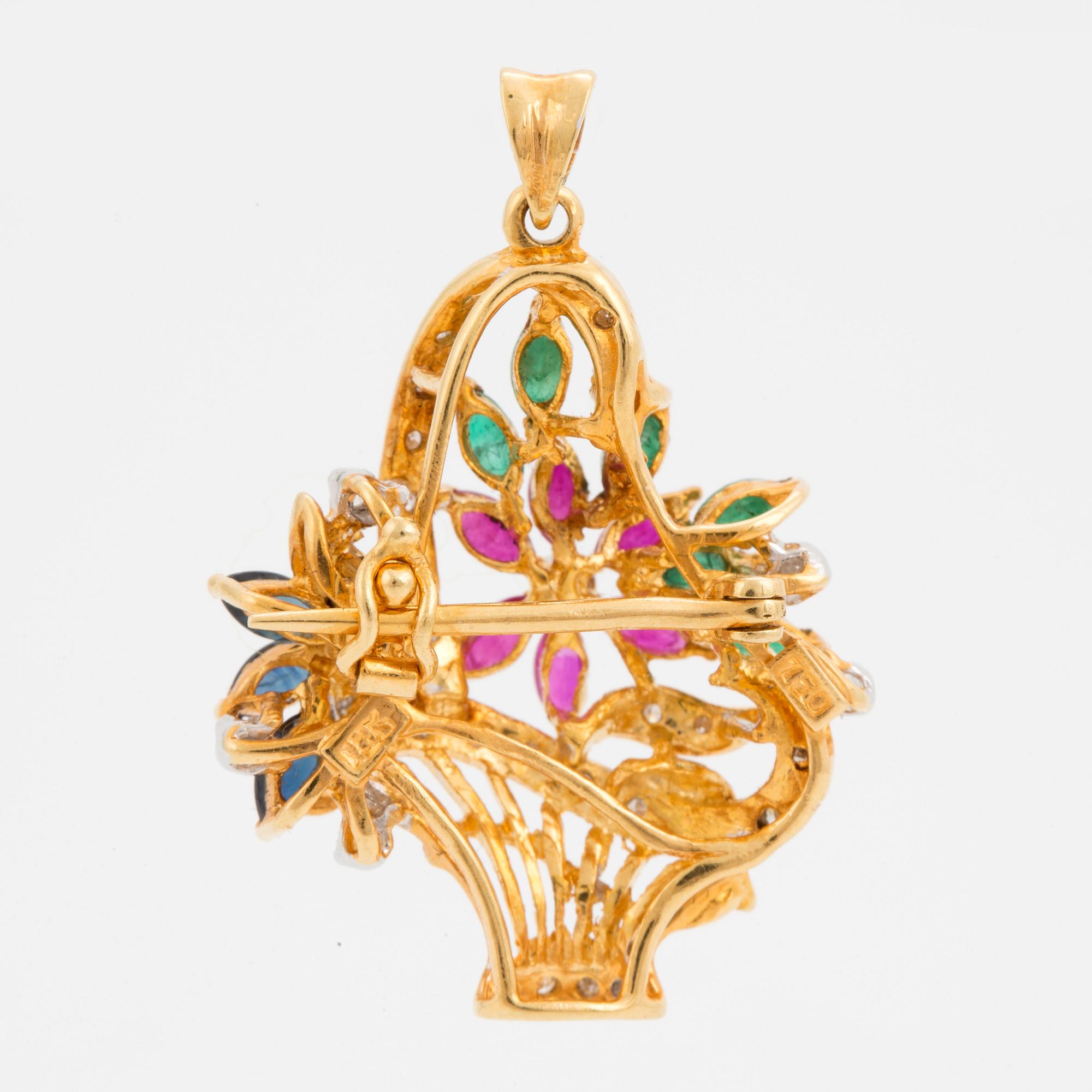 BROSCH/HÄNGE, Blomsterkorg med smaragder, rubiner, safirer och diamanter.