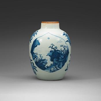 386. A blue and white Transitional jar, 17th Century.