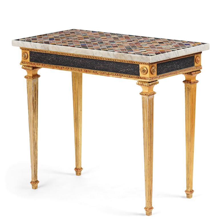 A late Gustavian giltwood console table with an Italian specimen-marble top , Stockholm, late 18th century.