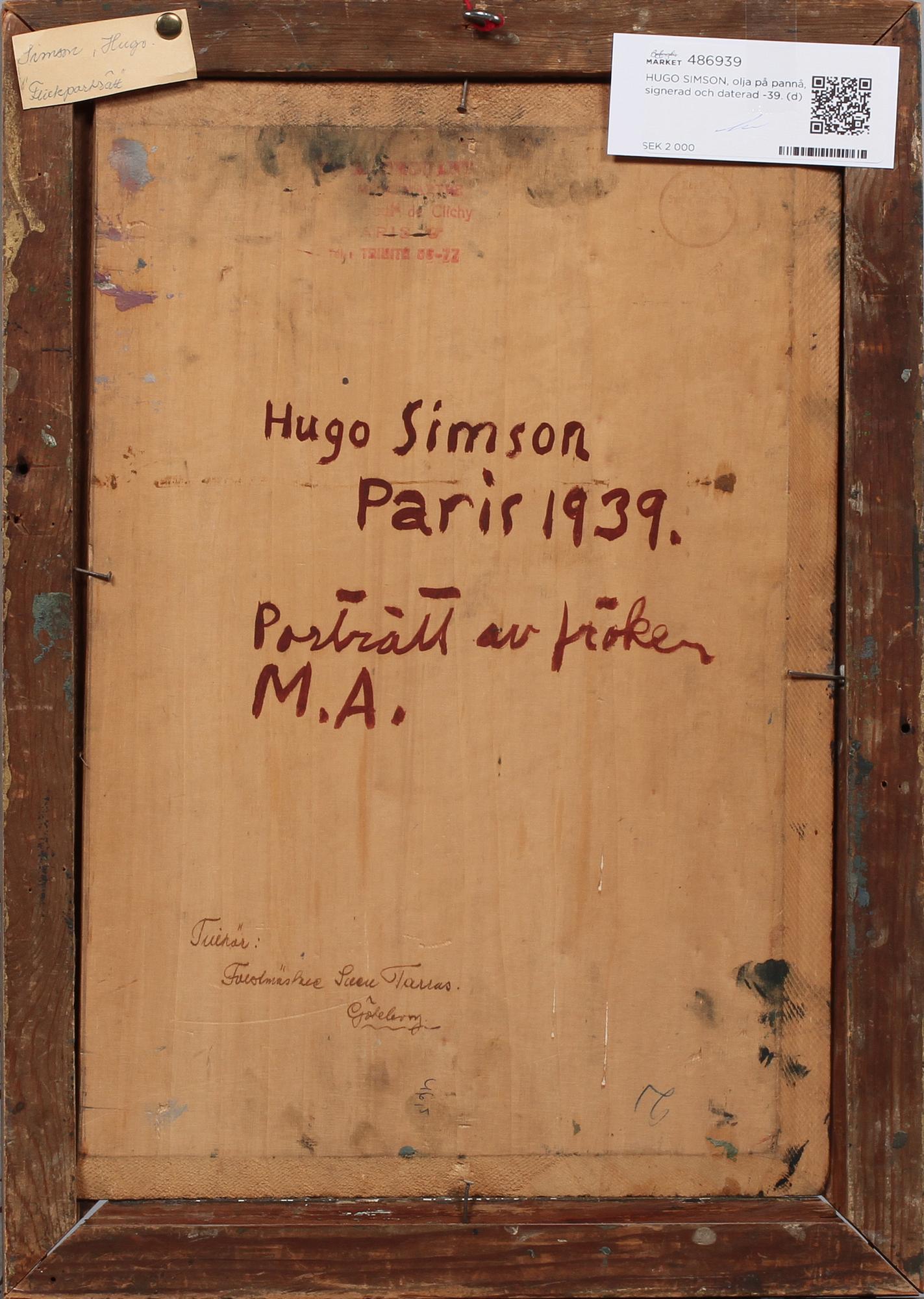 HUGO SIMSON, olja på pannå, signerad och daterad -39.