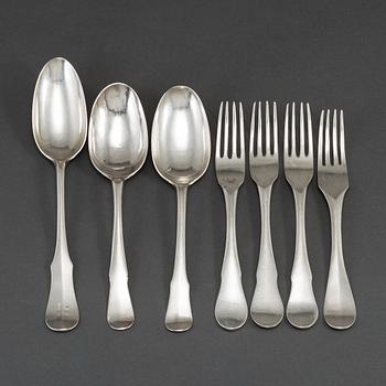 Three Swedish silver spoons and four (3+1) silver forks, marked Johan Wilhelm Zimmerman,  Stockholm 1796.