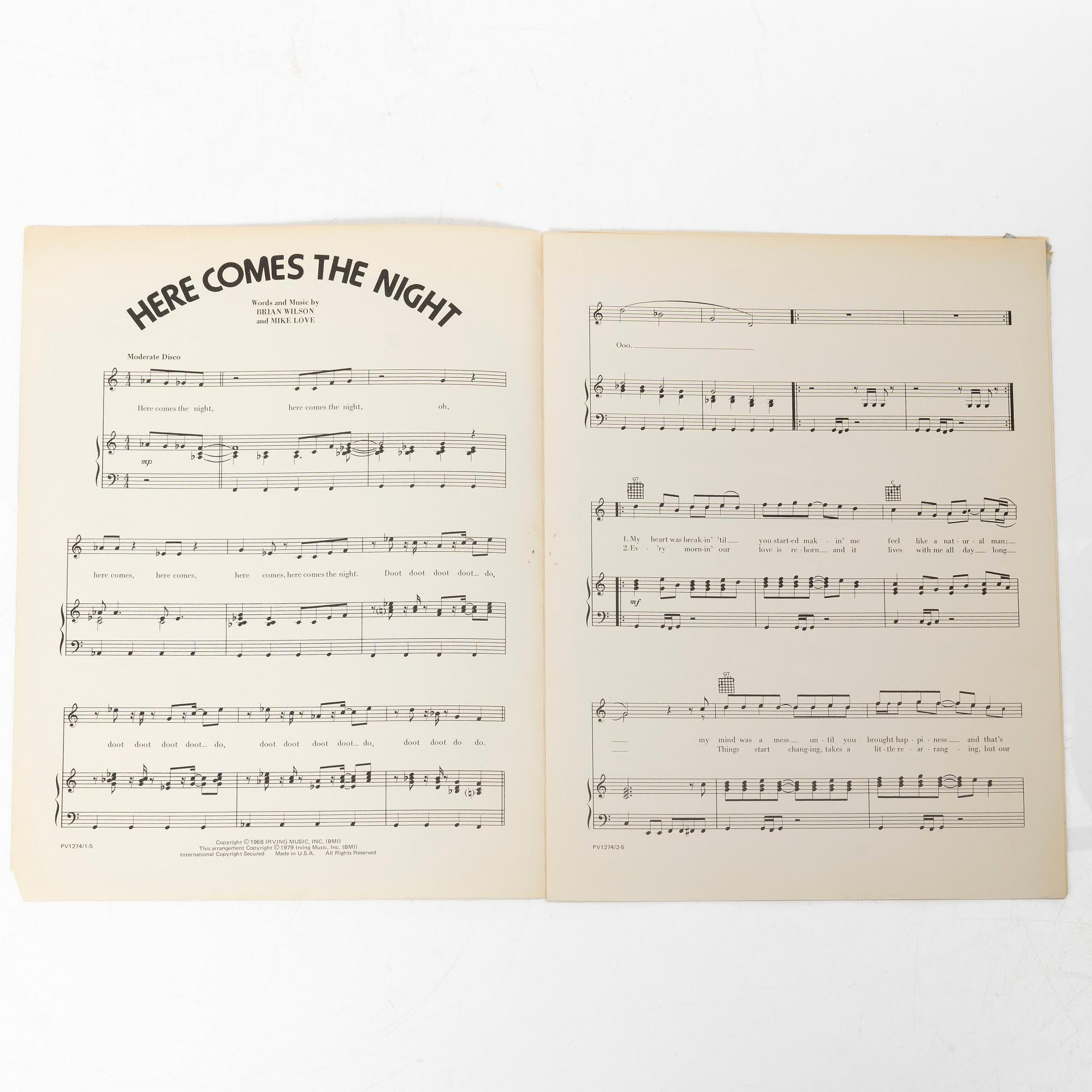 Beach Boys, "Here Comes The Night", signed sheet music, Almo Publications, USA.