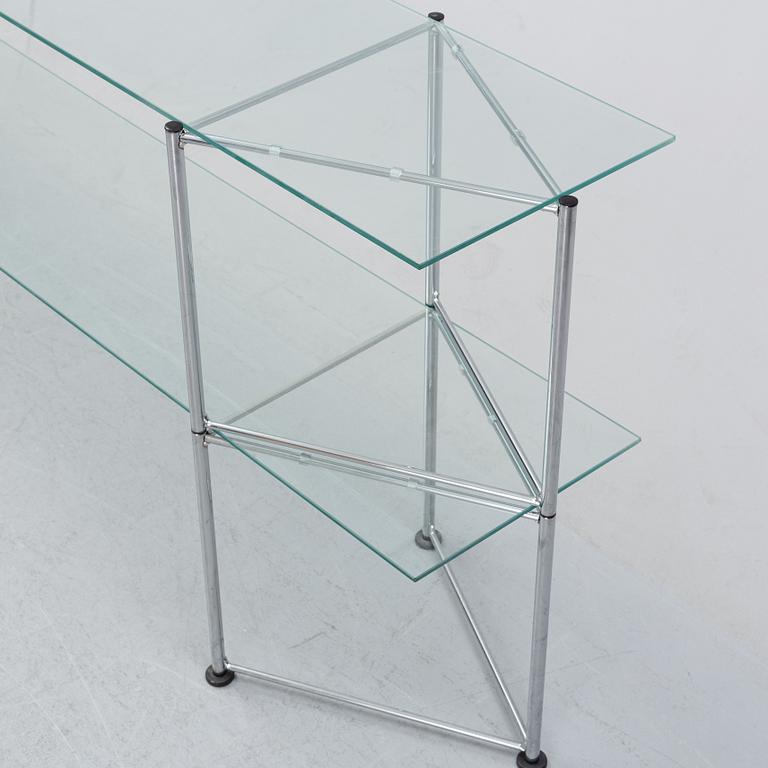 A late 20th century glass and metal shelf / sideboard.