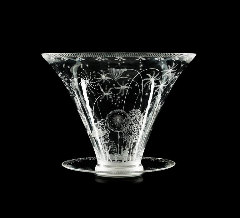 An Edward Hald 'Swedish Grace' engraved bowl and stand, Orrefors, model 248.