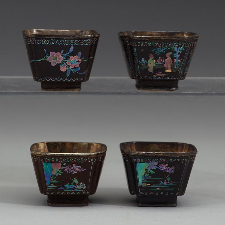 A set of four 'lac-burgauté cups, Qing dynasty, 18th Century.